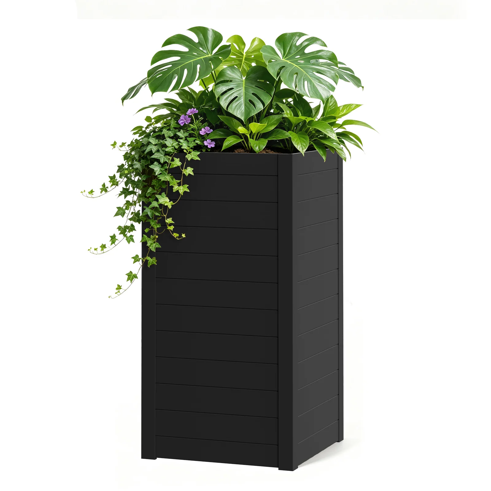 Tall Rectangular Outdoor Planter Box, 15" W X 15" D X 30" H, Black Heavy-Duty HIPS Planter Box with Adjustable Drainage Shelf & Side Handles, All-Weather Use Planters for Patio, Porch & Garden