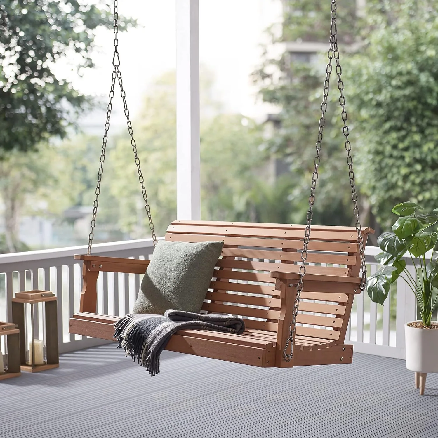 HIPS 2-Seat Porch Swing, 660 LBS Hanging Swing Chair Outdoor, Teak All-Weather & Fade Resistant, Adjustable Hanging Chains, Ergonomic Comfort, Waterproof Heavy Duty Patio Bench Swing