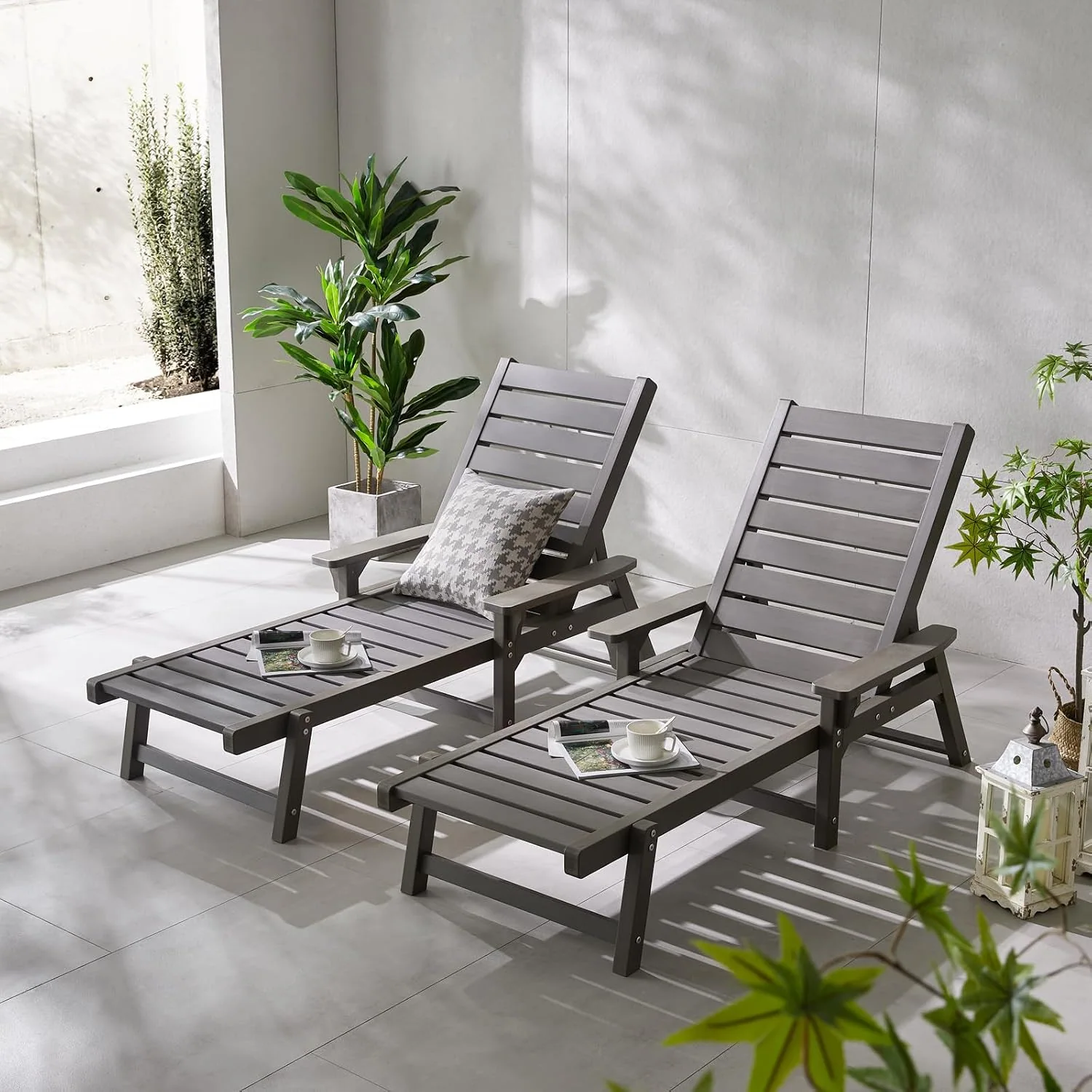 Chaise Lounges, Lounge Chairs with Adjustable Backrest, Supports Up to 350 lbs, All Weather Recliner Poly Lumber Lounges Bed for Poolside, Patio, Porch (Gray)