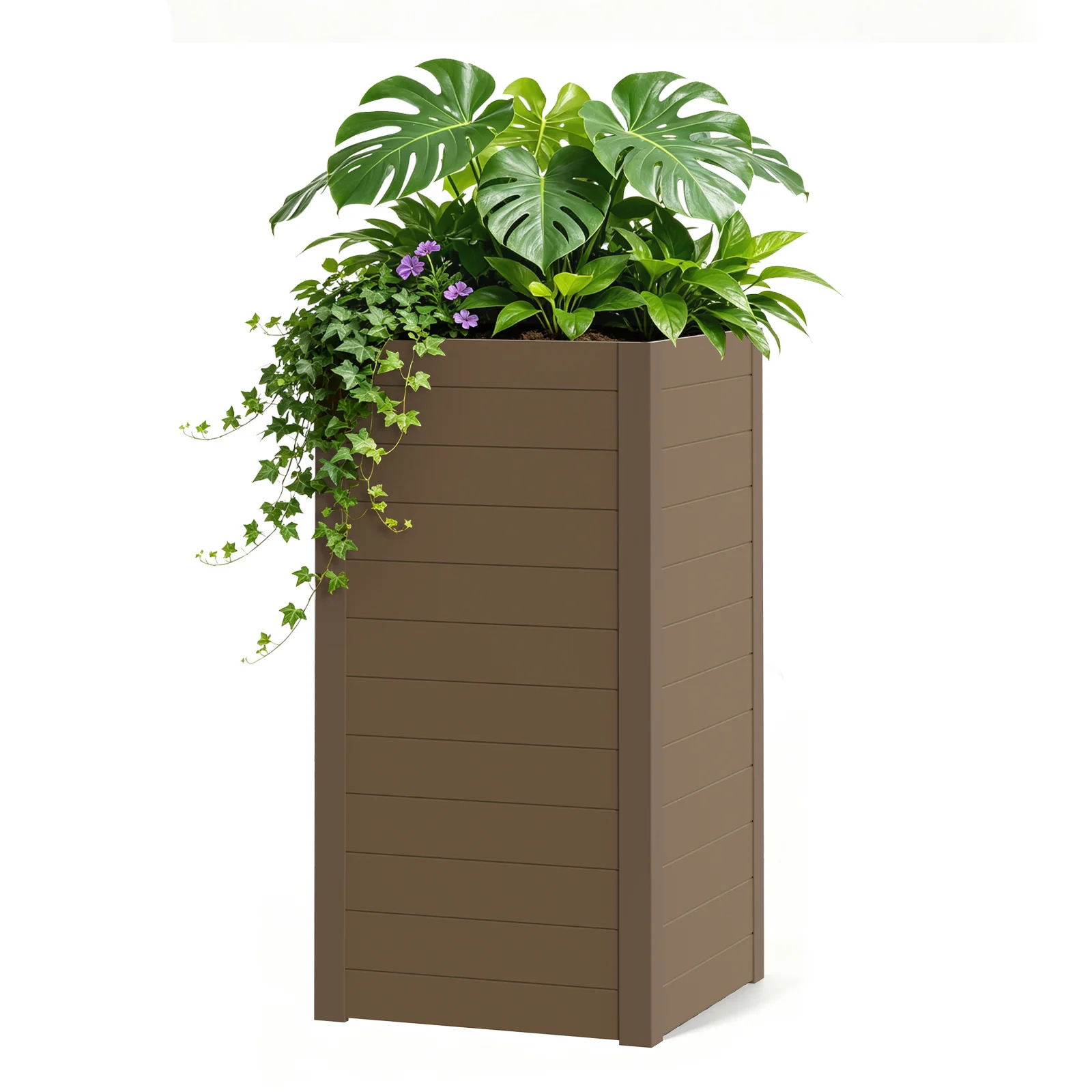 Tall Rectangular Outdoor Planter Box, 15" W X 15" D X 30" H, Brown Heavy-Duty HIPS Planter Box with Adjustable Drainage Shelf & Side Handles, All-Weather Use Planters for Patio, Porch & Garden